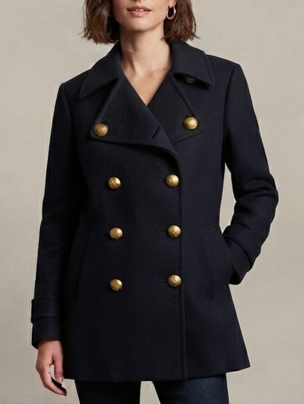 Heavy Cotton Pea Coat Navy Blue Gold Button Double Breasted XL Preppy Heritage